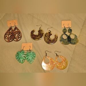 Handmade Resin Earrings Lot 5 Pairs Boho Glitter Dangle + Wood Pair
